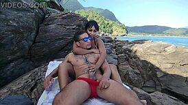 Teen with big ass getting blowbang on the beach 😍