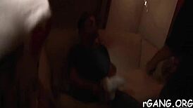 Two girls stripped and group-fucked hard with ripped clothes at wild party.