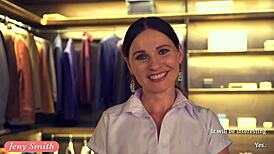 close friend jeny smith playfully teases a guy while trying on clothes in the store