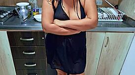 Horny stepmom squirts in kitchen, teasing stepson with wild orgasm! Want to join?