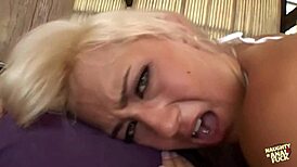 Blonde shows off huge tits, then dives into threesome with anal action