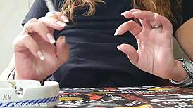 Naughty mature whore jerks off to lactating tits in kitchen