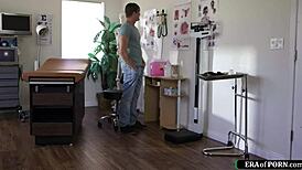 Busty doctor in lingerie examines a patient at hospital. She ends up sucking him off.