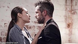 hot long leg brunette fucking her boss with blowjob and riding