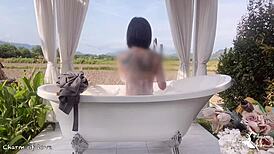 Asian student slut takes a bold bath in rice field, getting doggystyle creampie