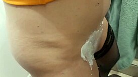 French blonde amateur in lingerie heels stockings masturbates with sex toys