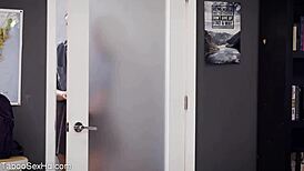 hot long leg brunette fucking her boss with blowjob and riding