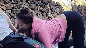 risky outdoor blowjob and deepthroat with 18yo brunette babe 😏