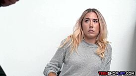 Busted teen exploited by loss prevention officer in hardcore positions.