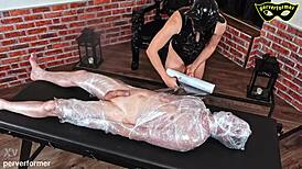 Slave wrapped in foil for face sitting domination 😈
