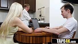 Yo, stepsis sneaks under table sucking stepbro’s small 18+ dick while mom talks morals! 😂