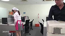 Asian office lady Chihiro Akino gives intense blowjob for hardcore creampie finish