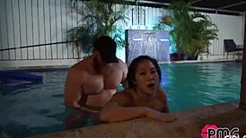 Asian Slut Licks Balls, Chokes, Gets Creampied In Pool By Big Cock