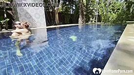 Hey babe, take a swim and get my cock poolside, the hot couple teases