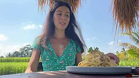 She walked into a cafe with sperm on her face after a public cumwalk. Eating pasta carbonara in the garden, she stunned everyone nearby.