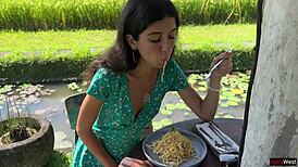 She walked into a cafe with sperm on her face after a public cumwalk. Eating pasta carbonara in the garden, she stunned everyone nearby.