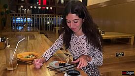 Girl Eats Sushi Rolls In Public Bar