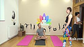 yoga session turns into a dirty threesome with licking and hardcore action