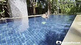 Hey babe, take a swim and get my cock poolside, the hot couple teases