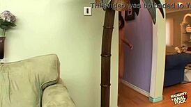 Double penetration for a brunette vixen covered in loads of cum.