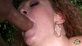 The Redhead Slut Fucks Outdoors in Threesome, Gets Double Penetration