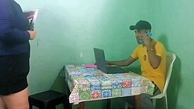 stepmother gets slammed by stepson in husband's office