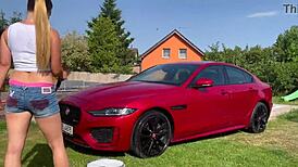 Sexy car wash with lenushka doll featuring hot summer and wet hose play