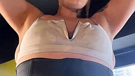 loira cute young girl trains at gym on halloween dressed as gta whore cleavage turns on bodybuilders watching