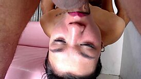 Rough throat fucking backwards sloppy with wet blowjob in threesome