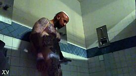 Prison inmate masturbates solo with wet cumshot on big white tattooed cock