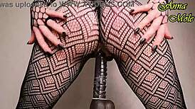 pawg rides big dildo hard in black tights
