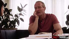 Small tits brunette stepdaughter gets blowjob and hard fucking from stepdad with monster cock