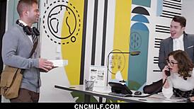 Slave milf gets cowgirl blowjob at freeuse office.