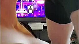 Teasing big perfect natural tits with cum on them