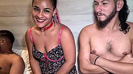 Insanely horny couple's first porn threesome ends in cum in mouth