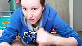 Brunette babe in hoodie gives an amazing blowjob