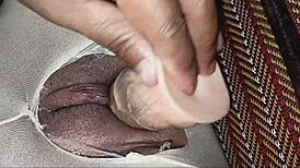 Using fake dick to penetrate college girl's tight pussy through pantyhose