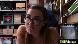 In a tense shoplifting incident, the geeky and cute teen gets caught on CCTV. Security then rough fucks her petite body in doggystyle.