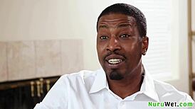 busty blonde milf gives sensual nuru massage to black client