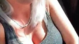 Amazing blonde masturbates with fingering to orgasm outdoors in car