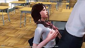 Brunette student receives oral instruction from teacher in classroom