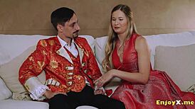 Light-Haired Blonde in Tights Cherishes Shaved Pussy Cock Sucking Session