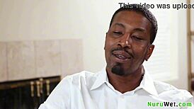 busty blonde milf gives sensual nuru massage to black client