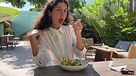 Friend Cums On My Face In Public Cafe For Food With Sperm During Cumwalk And Flashing Skirt