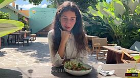 Friend Cums On My Face In Public Cafe For Food With Sperm During Cumwalk And Flashing Skirt