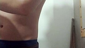 Undressing in the bathroom for solo masturbation with small waist