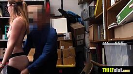 In a tense shoplifting incident, the geeky and cute teen gets caught on CCTV. Security then rough fucks her petite body in doggystyle.