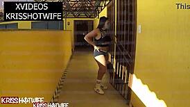 Kriss hotwife flashes big tits and ass in hotel corridor for cuckold thrill