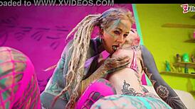Anuskatzz, heavily tattooed, fucks an alternative bimbo from australia with crazy toys