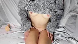 Girl In Fleece Jacket Performs Solo With Dildo